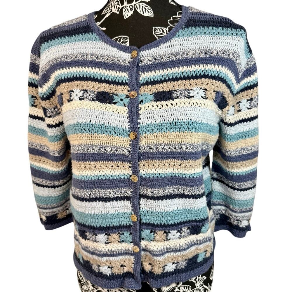 Coldwater Creek Blue Striped Crochet Knit Cardigan Sweater Size M Coastal Boho